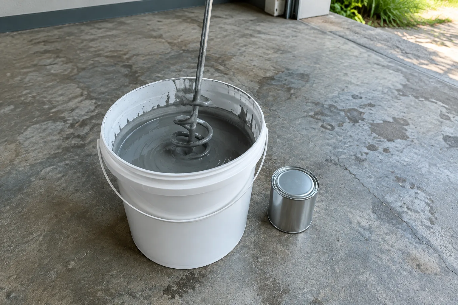 White bucket of grey resin with a spiral mixing paddle, next to a small unlabelled tin on concrete
