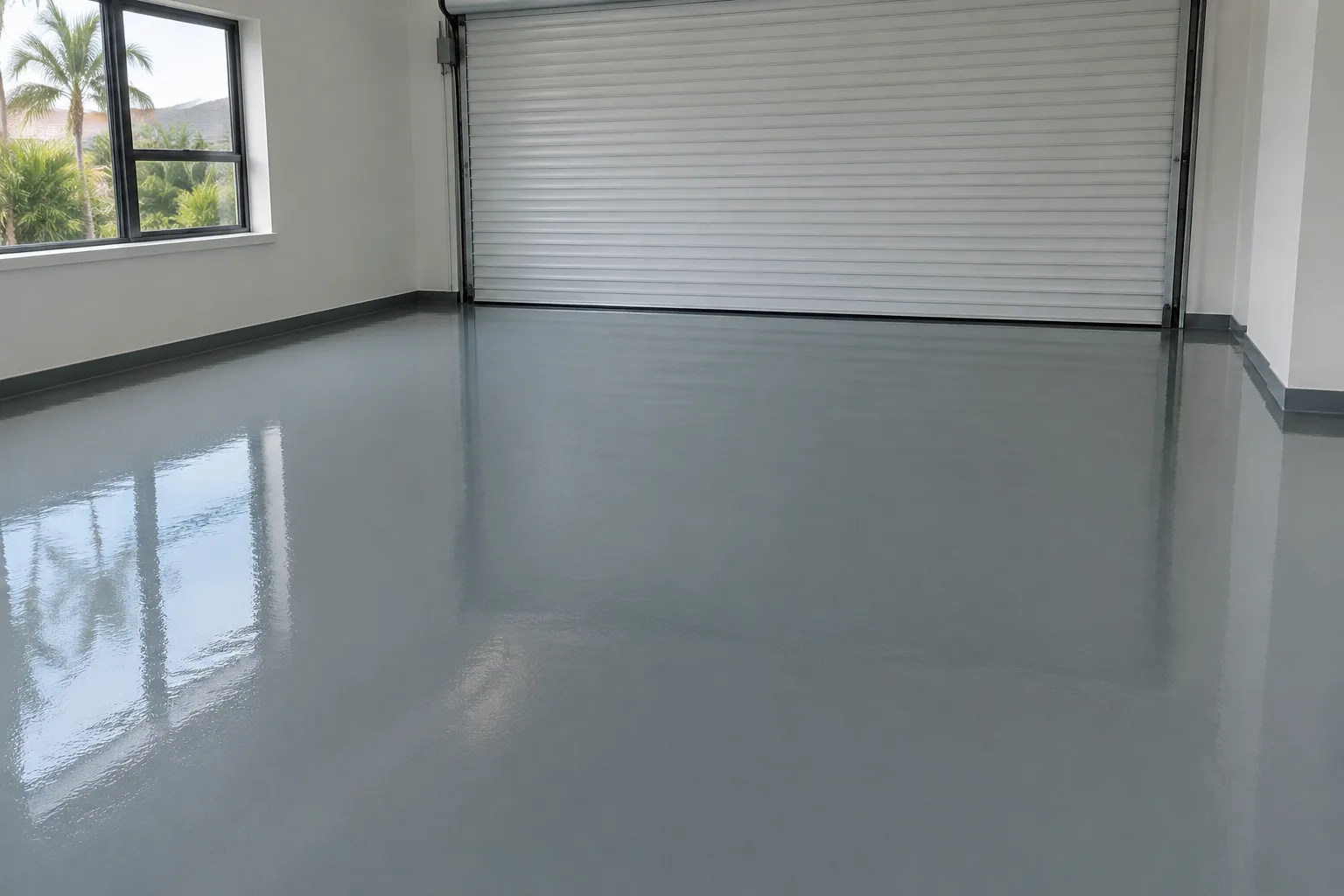 Solid mid-grey high-gloss epoxy in an empty garage with a white roller door