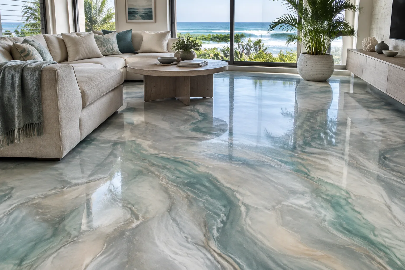 Marbled metallic epoxy in pearl, sea-green and sand under a sofa, facing the ocean