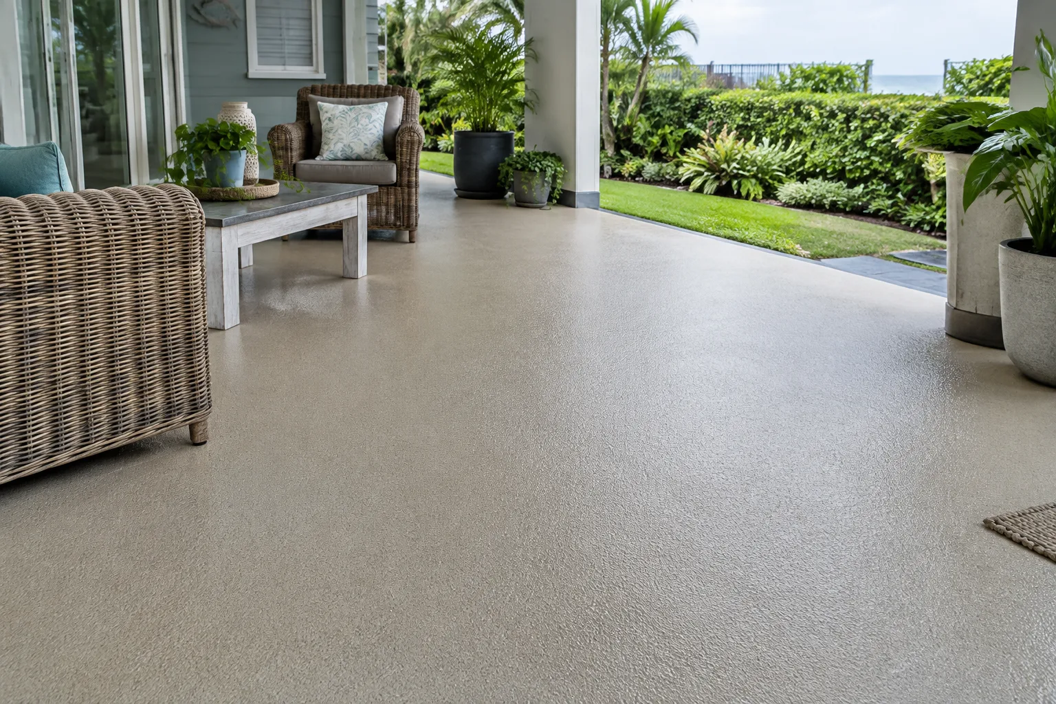 Sand-toned textured floor on a covered veranda with wicker chairs, a lawn and the sea behind