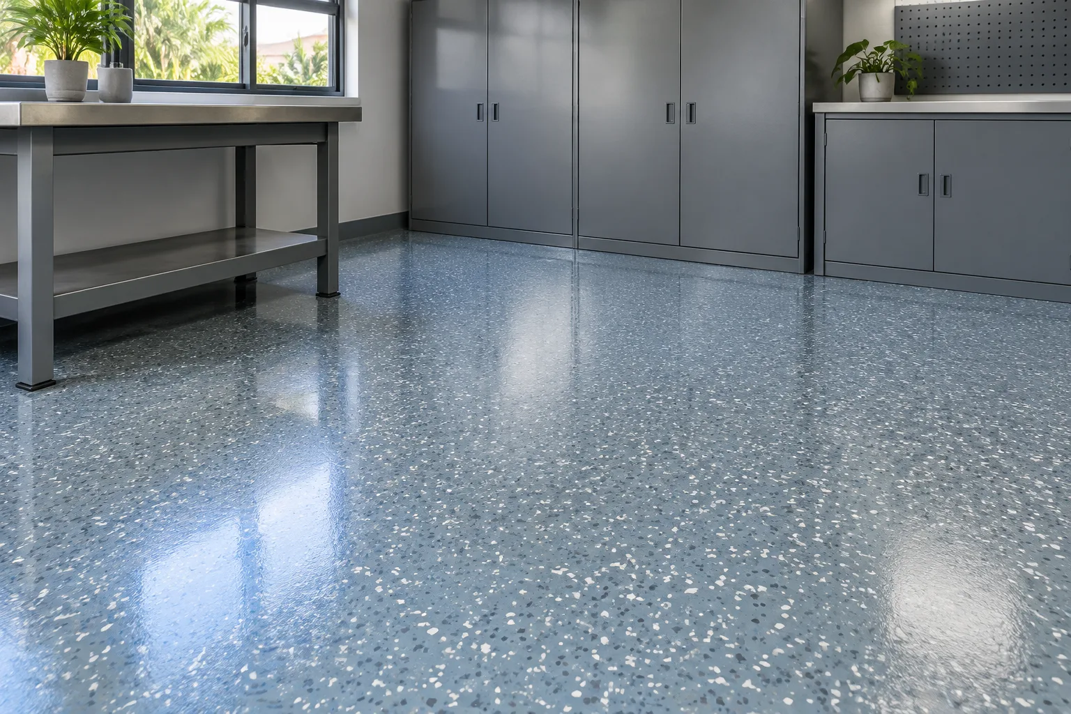 Blue-grey flake floor with a gloss coat beside a steel workbench and grey cabinets
