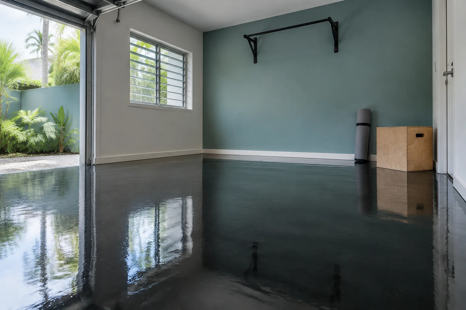 Glossy black floor in a garage gym with a wall-mounted pull-up bar, yoga mat and plyo box
