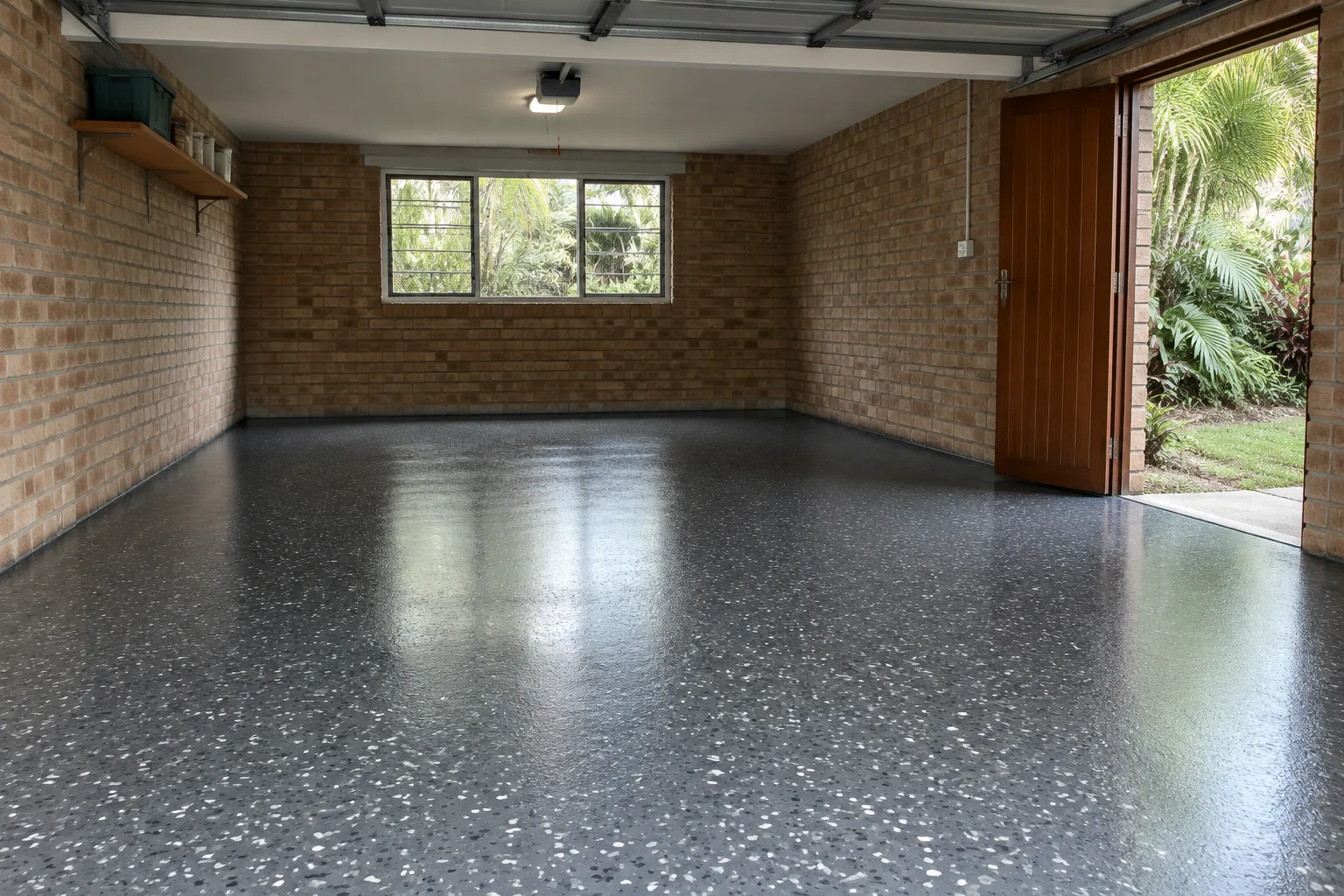 Face-brick garage with a charcoal flake epoxy floor and a timber side door open to the garden