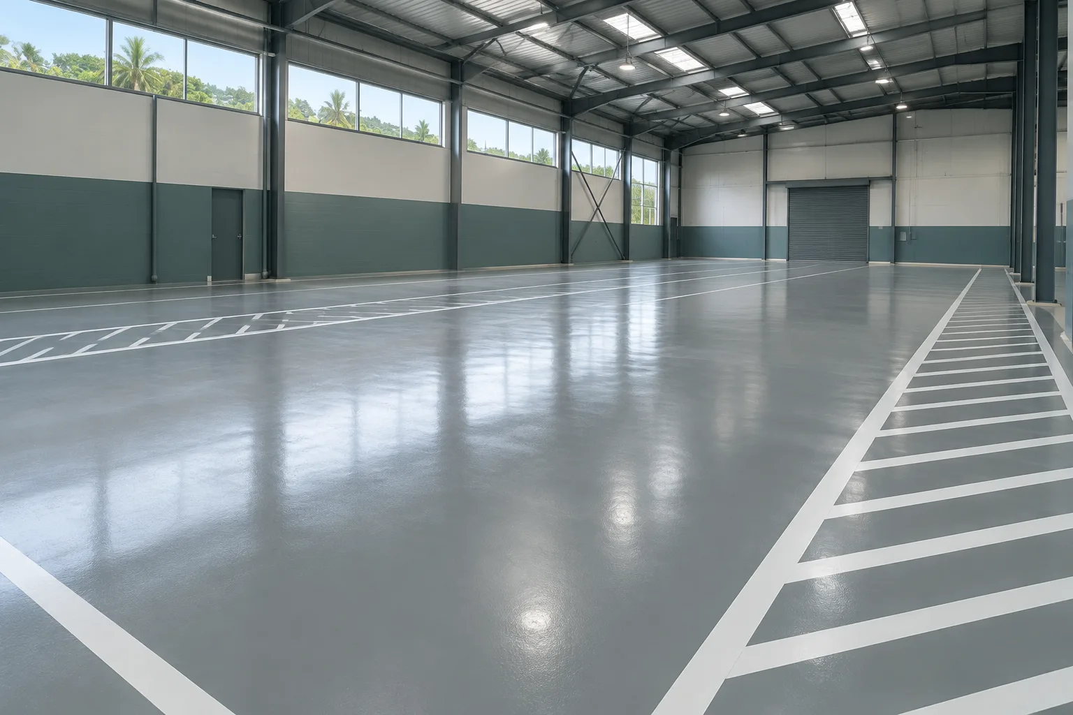 Empty factory unit with a glossy grey epoxy floor marked with white lane lines and hatched walkways