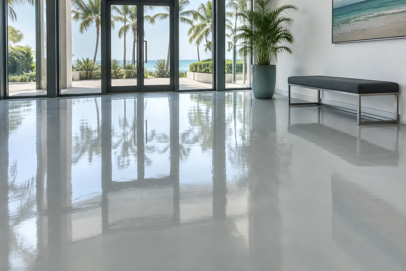 Building lobby with a high-gloss pale-grey floor reflecting glass doors, palms and the sea beyond