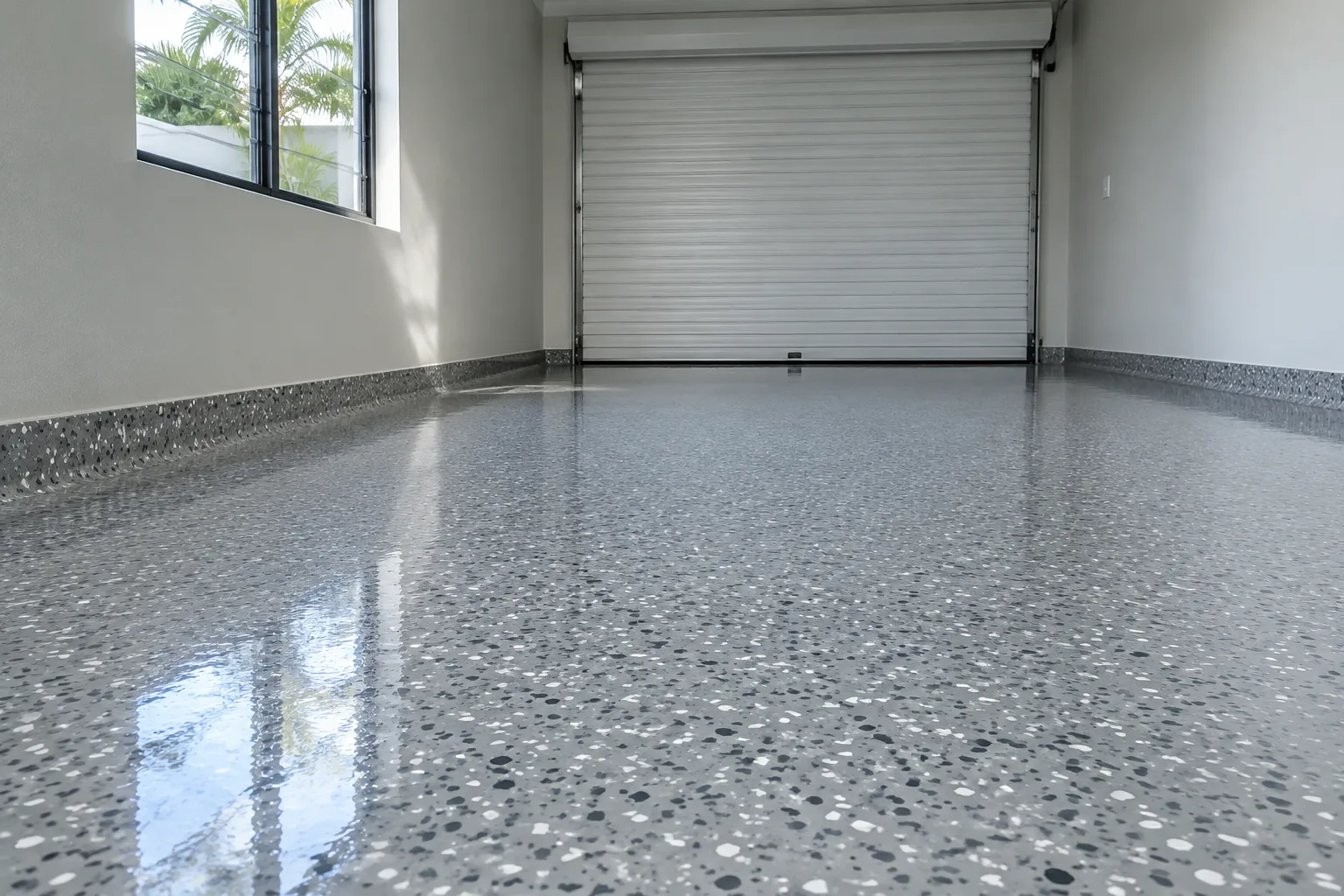 Low view of a grey-and-white flake epoxy garage floor, the coating curving up the walls as a cove skirting