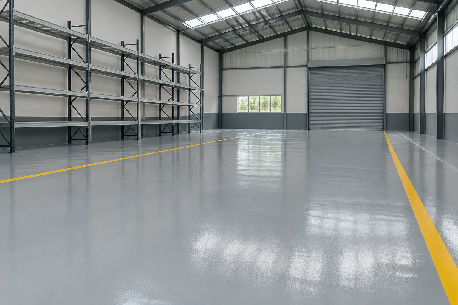 Empty warehouse with a glossy light-grey epoxy floor, yellow lane lines, bare steel racking and a roller door